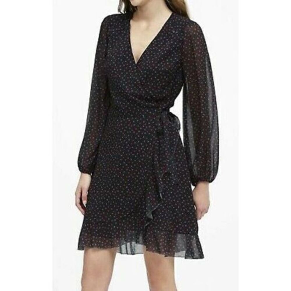 BANANA REPUBLIC NWT Black with Heart Prints Ruffle Wrap Mini Dress US 6